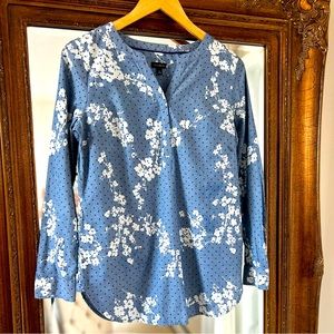 Talbots Women's Long Sleeve Top Popover Floral Hidden Button Polka Dot Blue XS